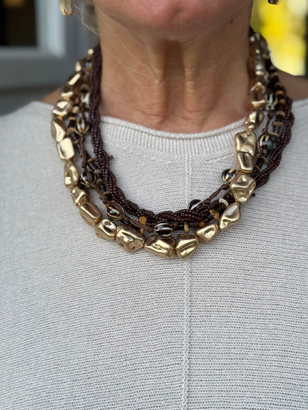 Boho Multi Strand Beaded Necklace | Brown & Gold