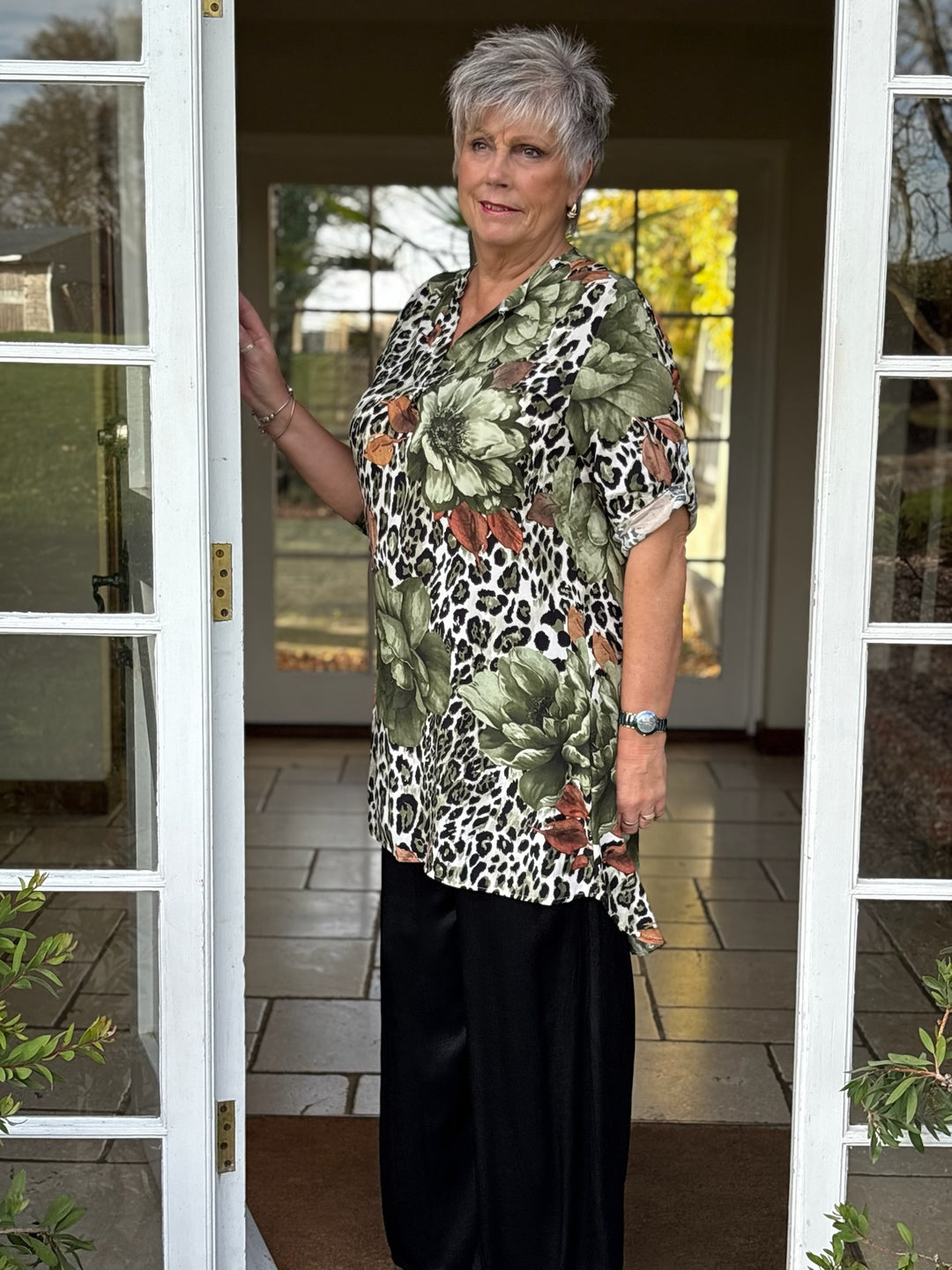 Leopard Print & Floral Design Tunic Top | Green