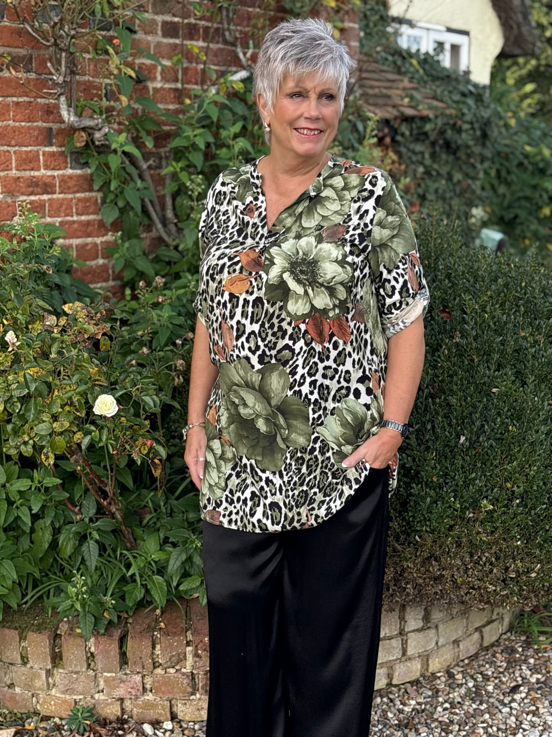 Leopard Print & Floral Design Tunic Top | Green
