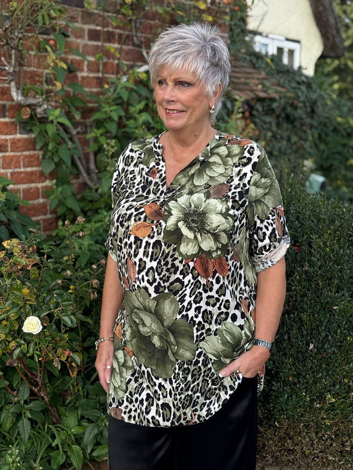 Leopard Print & Floral Design Tunic Top | Green