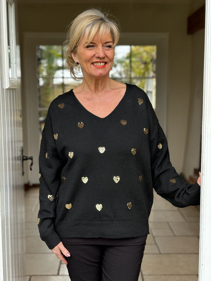 Small Sequin Gold Hearts Jumper | Black