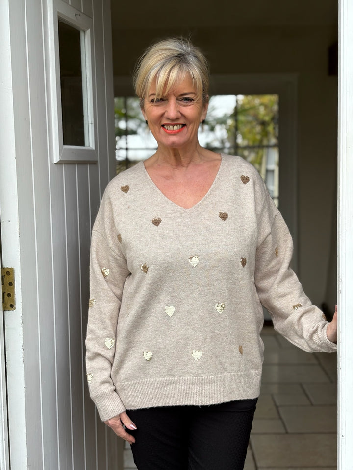 Small Sequin Gold Hearts Jumper | Oatmeal