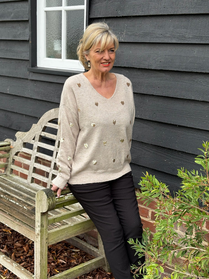 Small Sequin Gold Hearts Jumper | Oatmeal