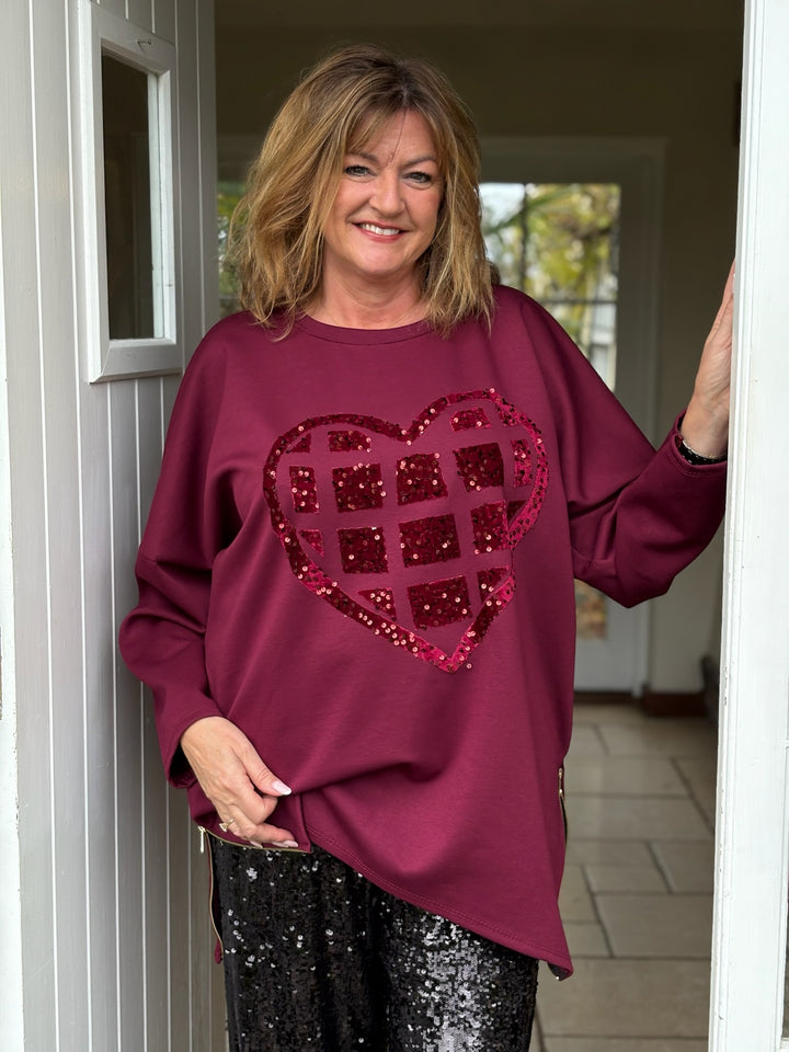 Zip Hem Sequin Heart Sweatshirt | Burgundy