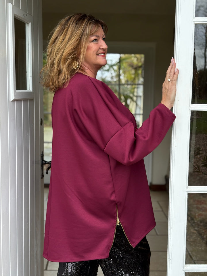Zip Hem Sequin Heart Sweatshirt | Burgundy