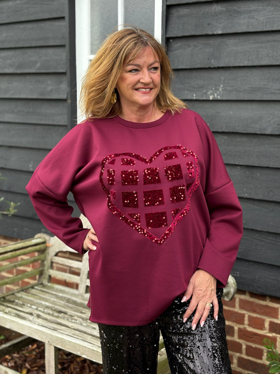 Zip Hem Sequin Heart Sweatshirt | Burgundy