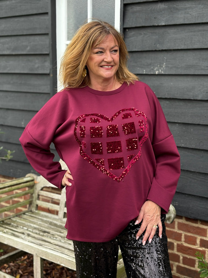 Zip Hem Sequin Heart Sweatshirt | Burgundy