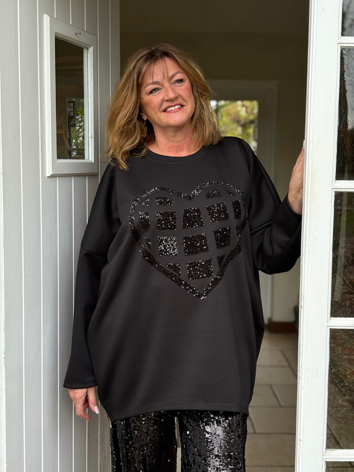 Zip Hem Sequin Heart Sweatshirt | Black