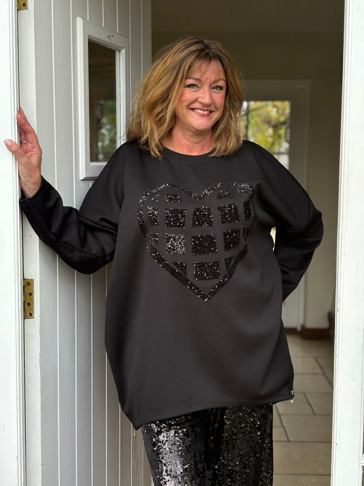 Zip Hem Sequin Heart Sweatshirt | Black