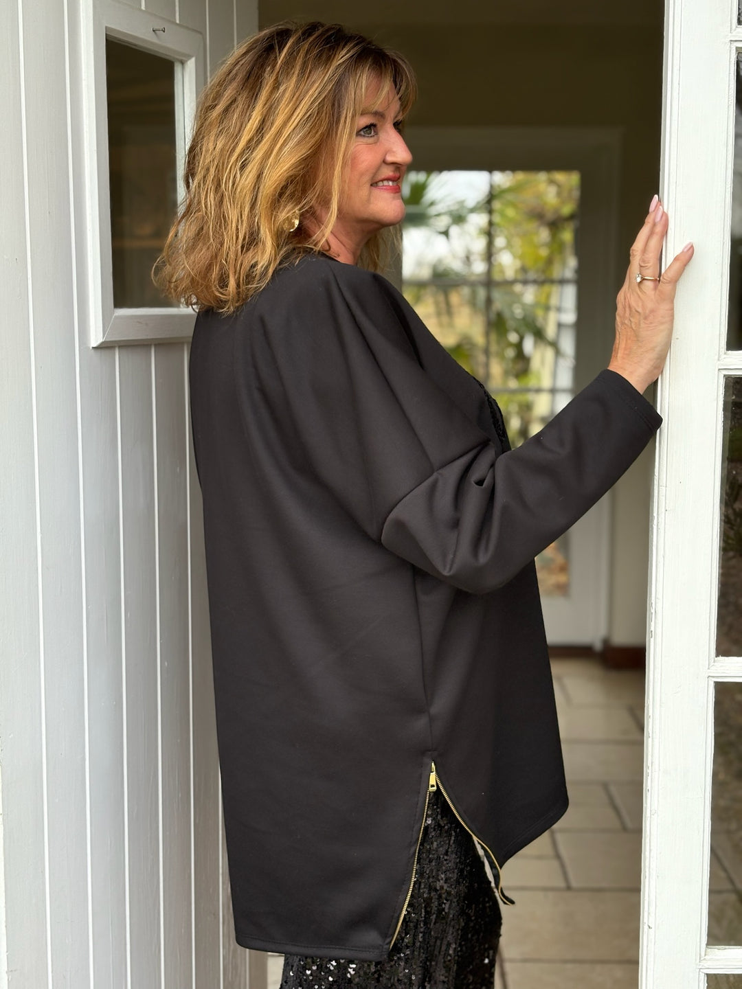 Zip Hem Sequin Heart Sweatshirt | Black