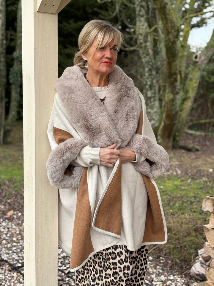 Faux Fur Trim Wrap | Neutral