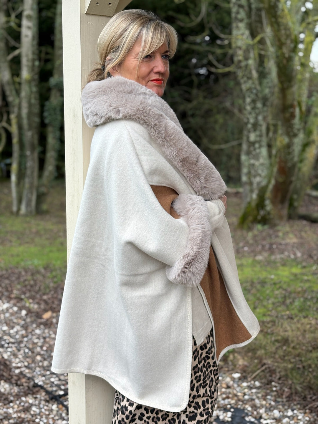 Faux Fur Trim Wrap | Neutral