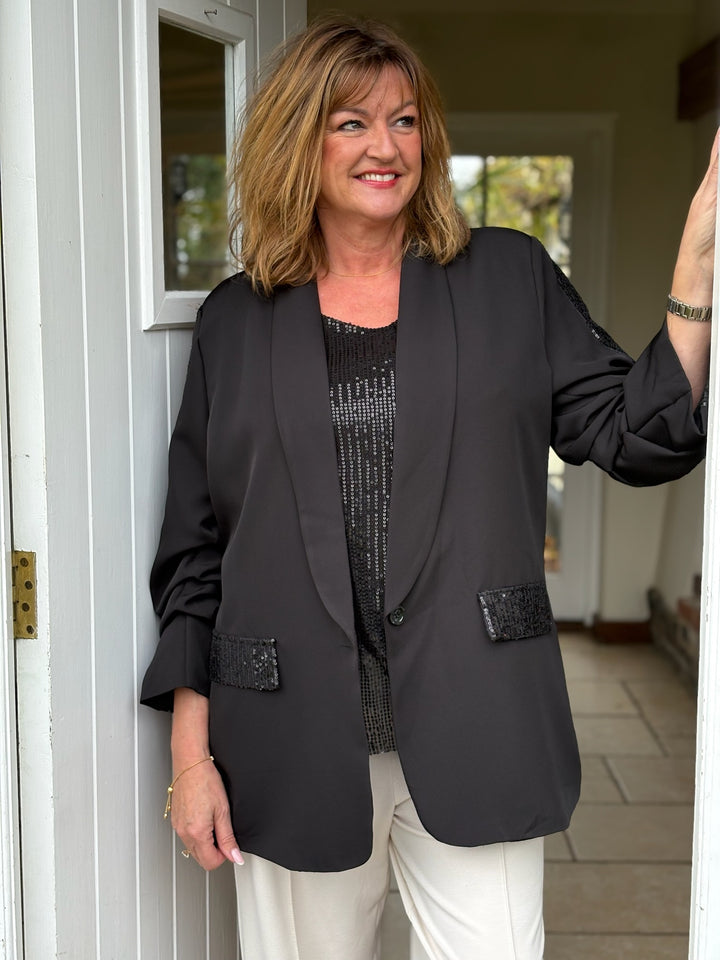 Ruched Sleeve Sequin Blazer | Black