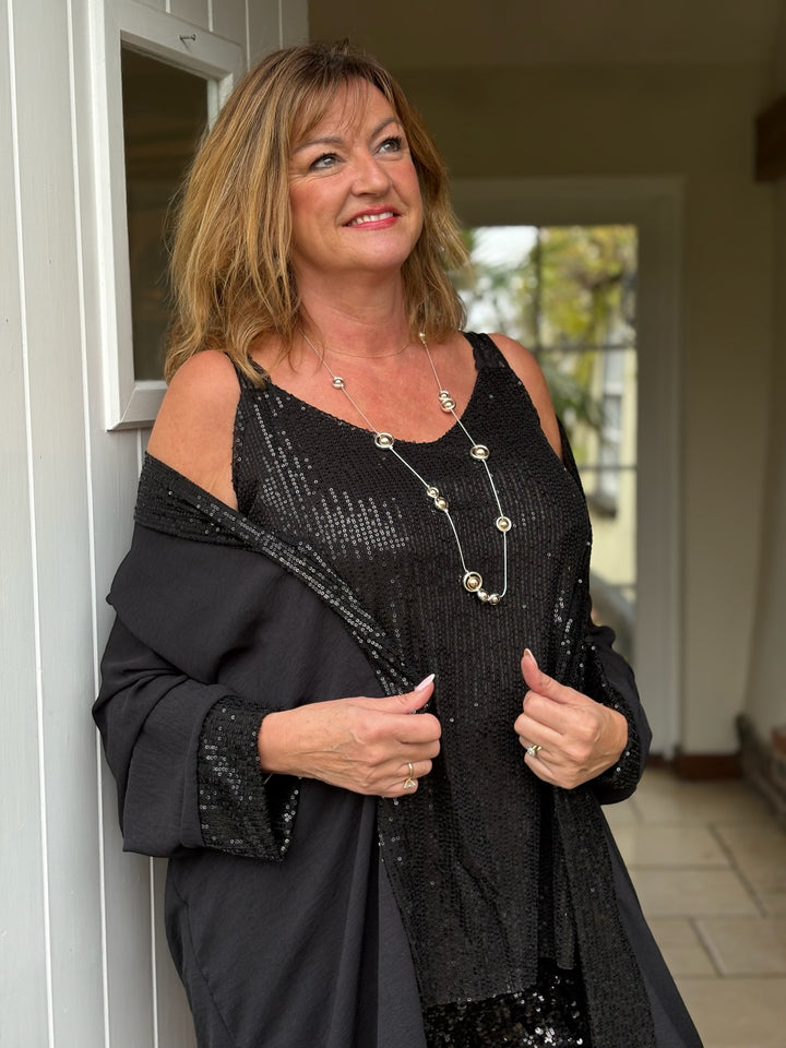 Sequin Lace Strap Vest Top | Black