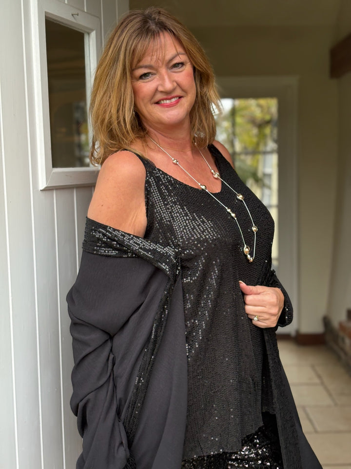 Sequin Lace Strap Vest Top | Black