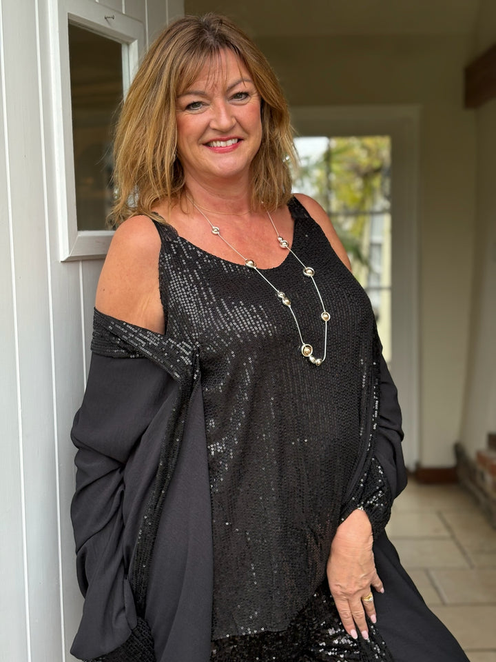 Sequin Lace Strap Vest Top | Black