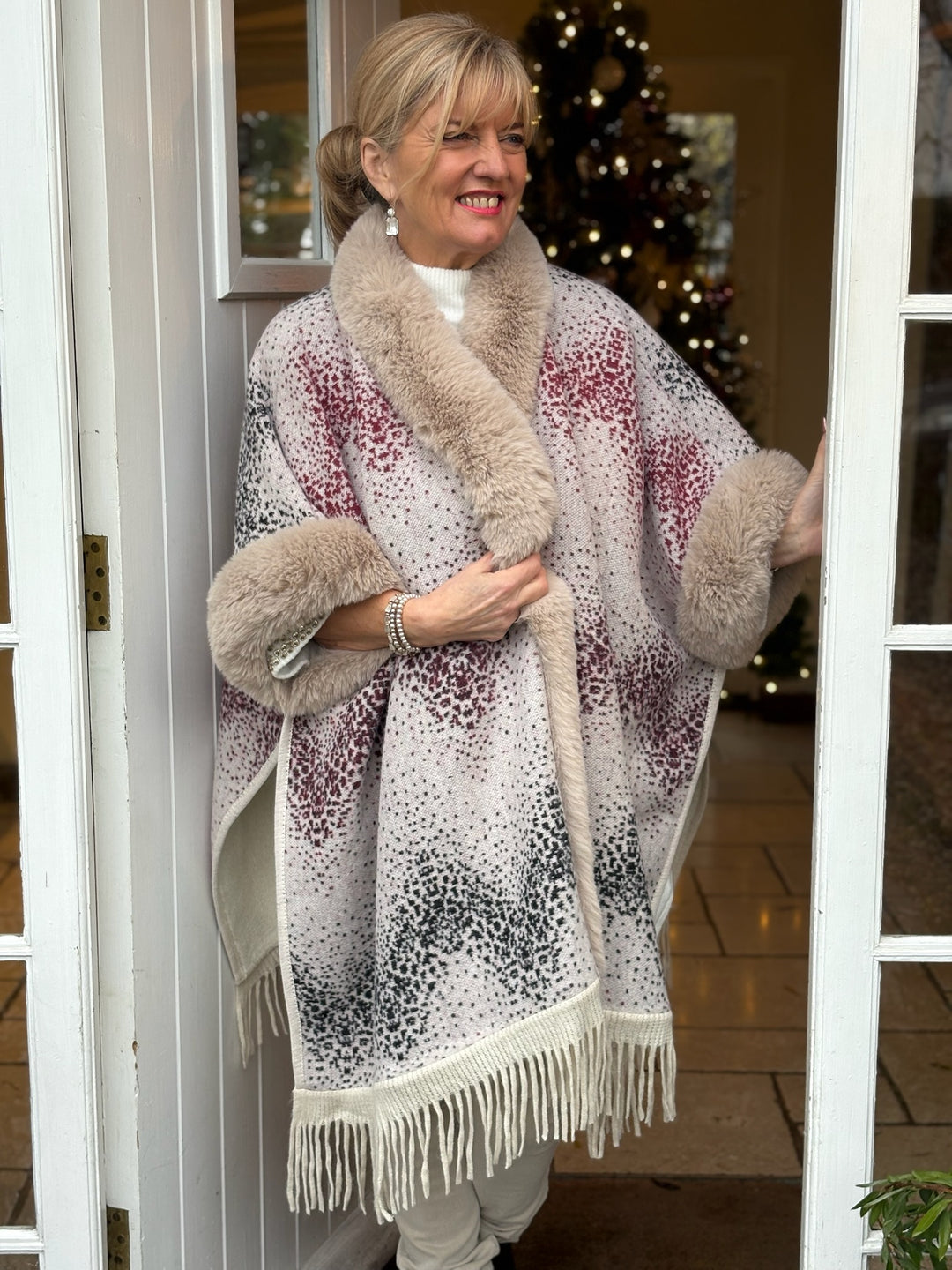 Pia Rossini Tassel Faux Fur Trim Wrap | Neutral with colour splash