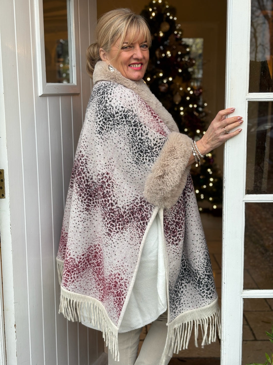 Pia Rossini Tassel Faux Fur Trim Wrap | Neutral with colour splash