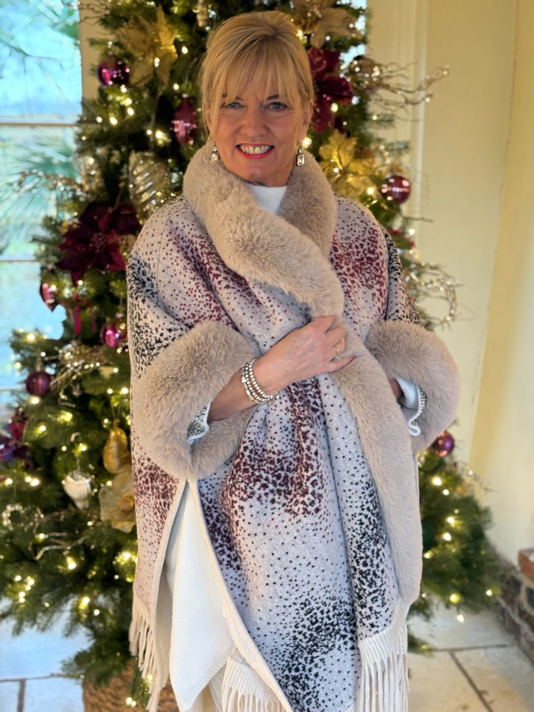 Pia Rossini Tassel Faux Fur Trim Wrap | Neutral with colour splash