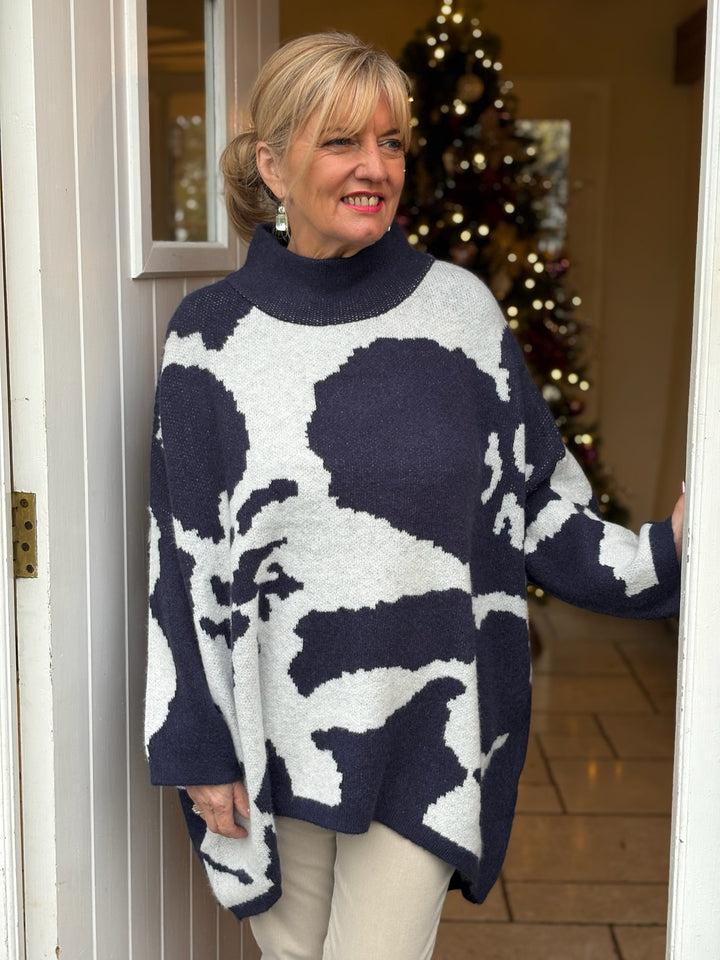 Longline High Neck Knit Top | Navy Cow Print Style
