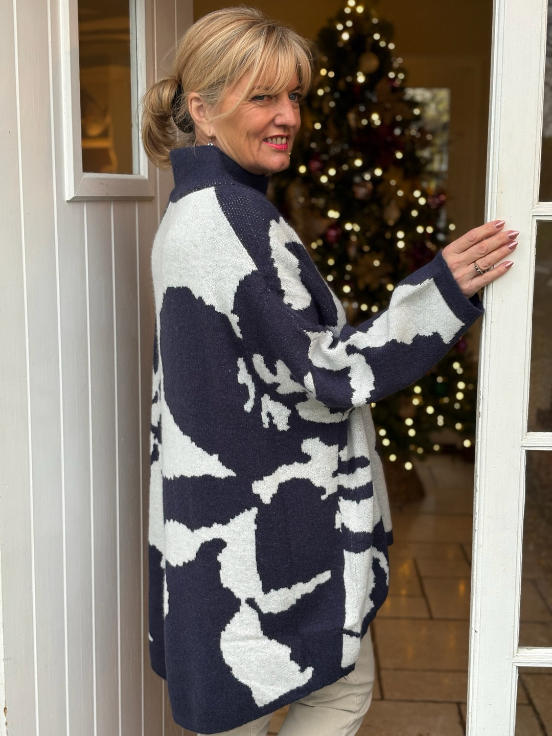 Longline High Neck Knit Top | Navy Cow Print Style