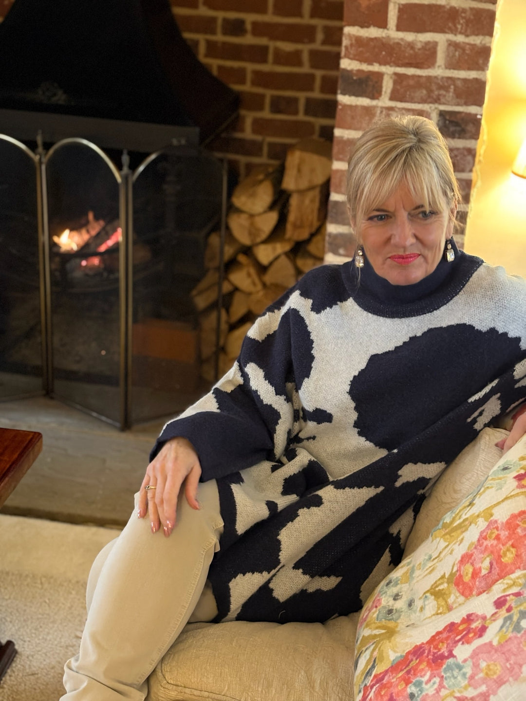 Longline High Neck Knit Top | Navy Cow Print Style