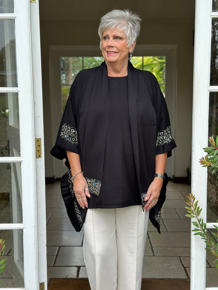 Sparkle Trim Poncho with Scarf - Malissa J | Black