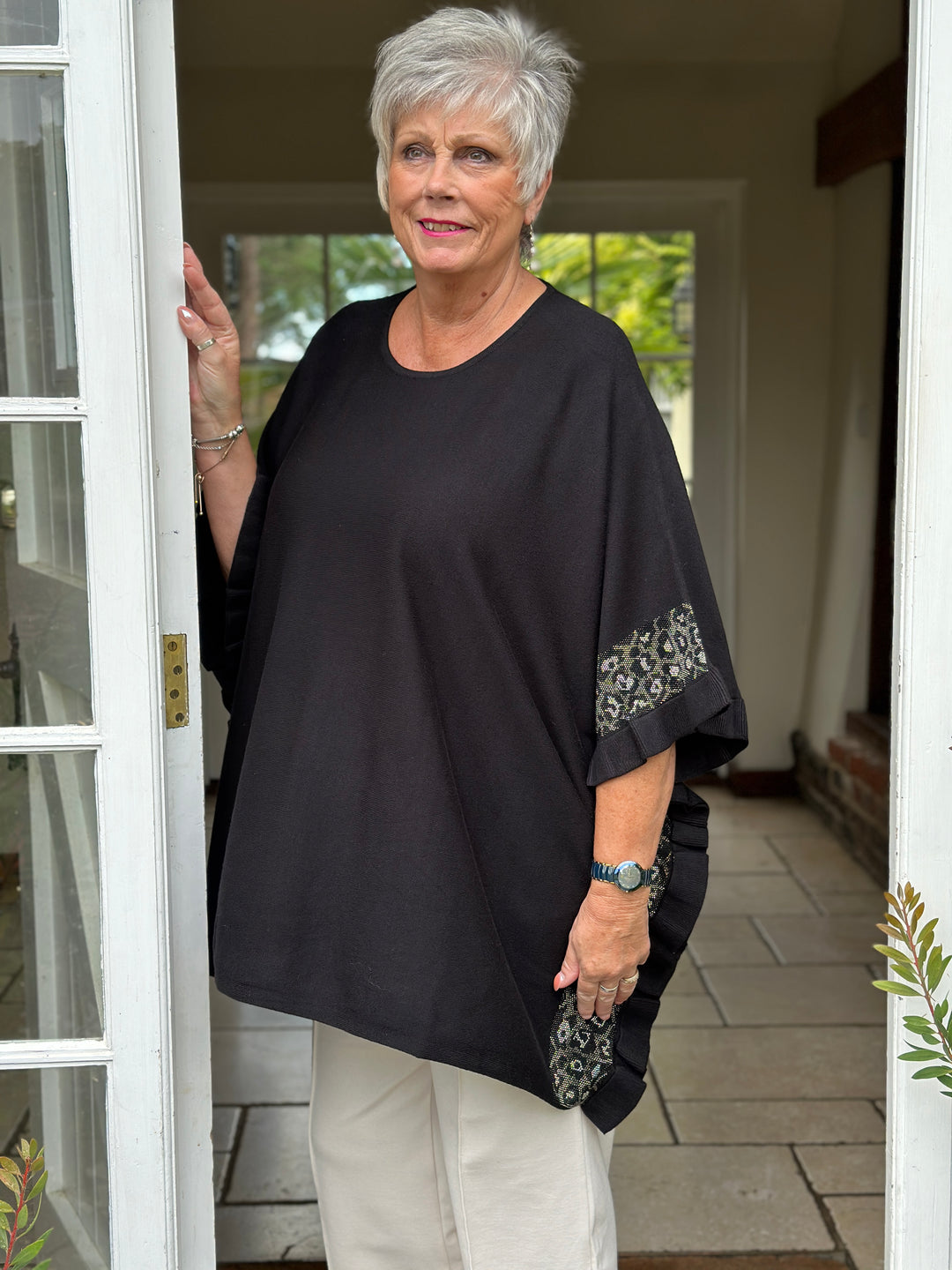Sparkle Trim Poncho with Scarf - Malissa J | Black