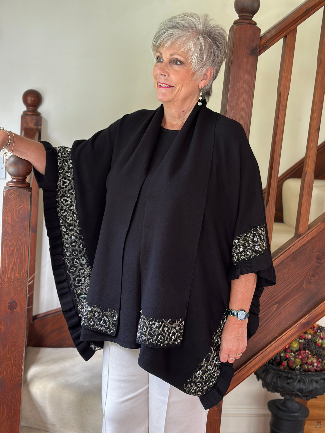 Sparkle Trim Poncho with Scarf - Malissa J | Black