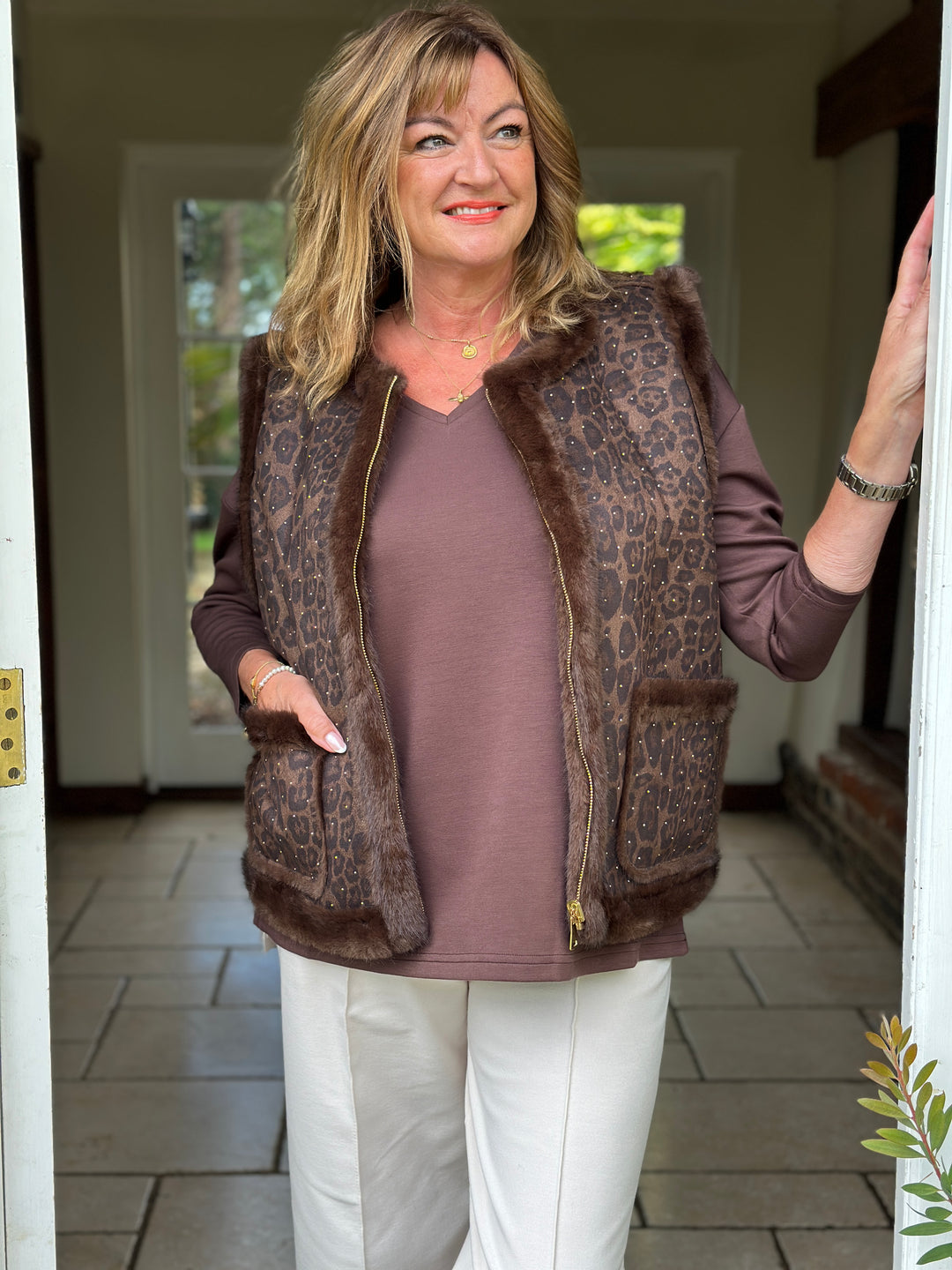 Embellished Leopard Print Faux Fur Gilet - Malissa J | Brown