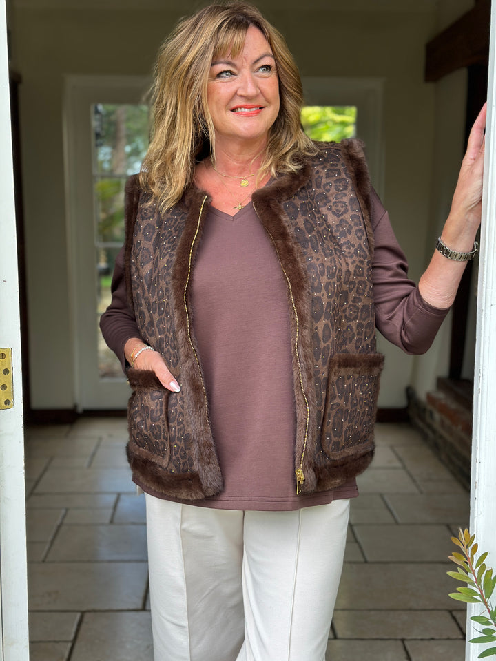 Embellished Leopard Print Faux Fur Gilet - Malissa J | Brown