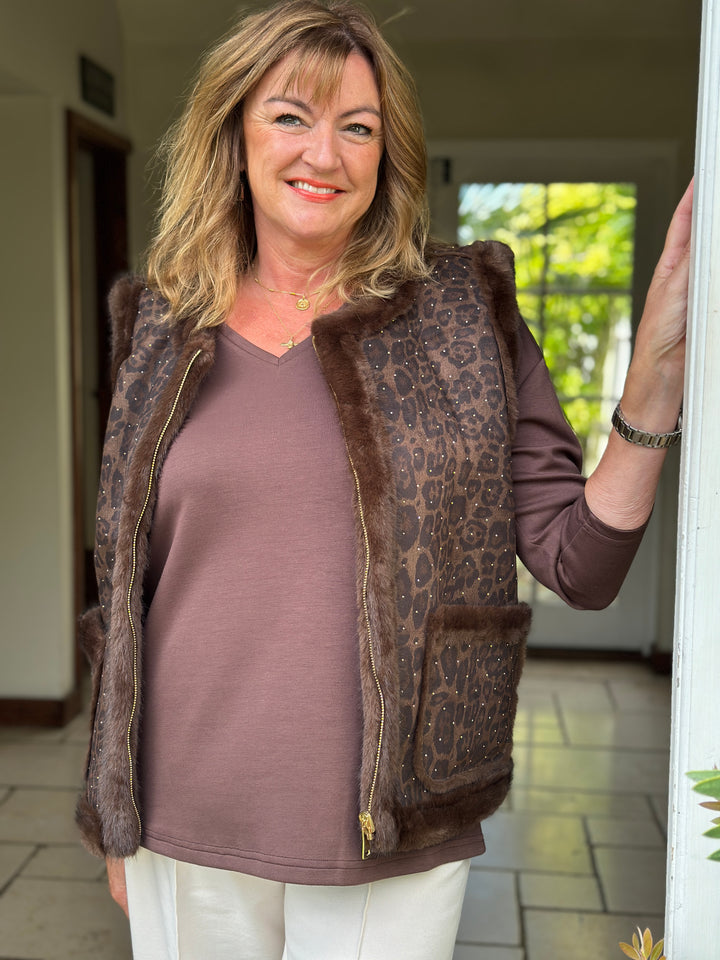 Embellished Leopard Print Faux Fur Gilet - Malissa J | Brown