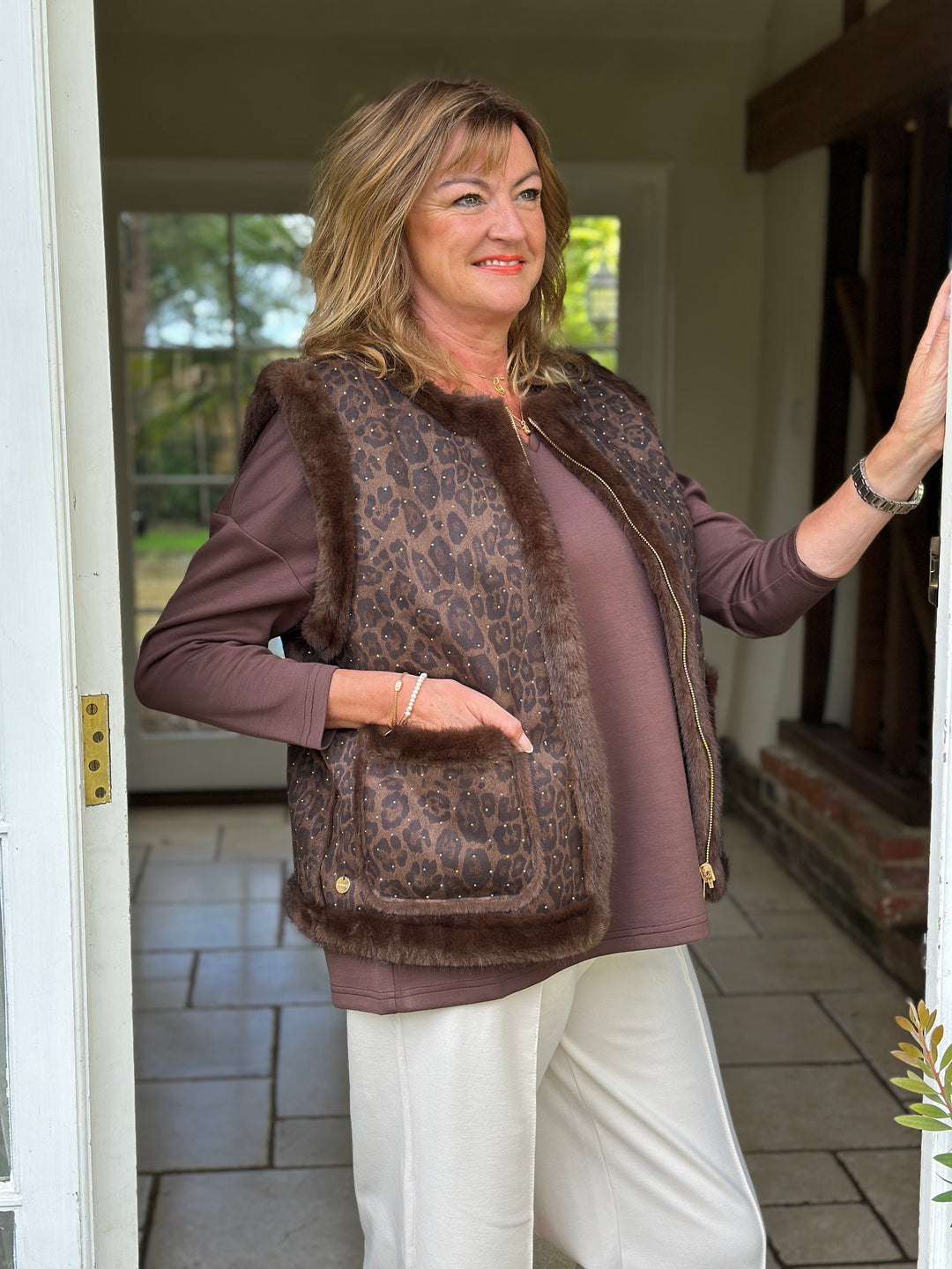 Embellished Leopard Print Faux Fur Gilet - Malissa J | Brown