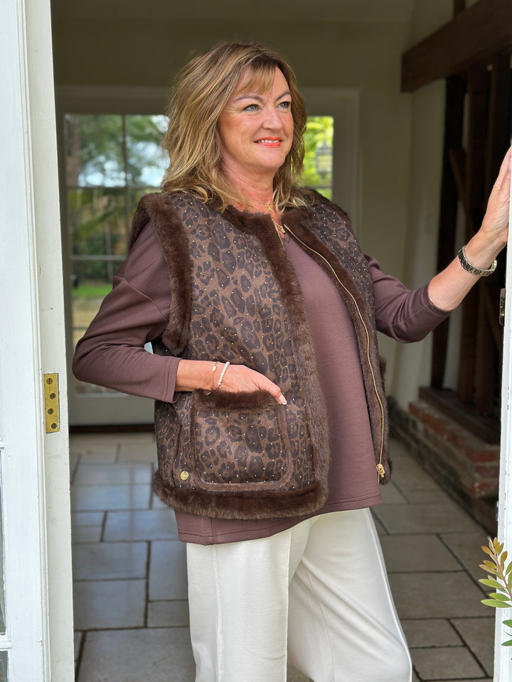 Embellished Leopard Print Faux Fur Gilet - Malissa J | Brown