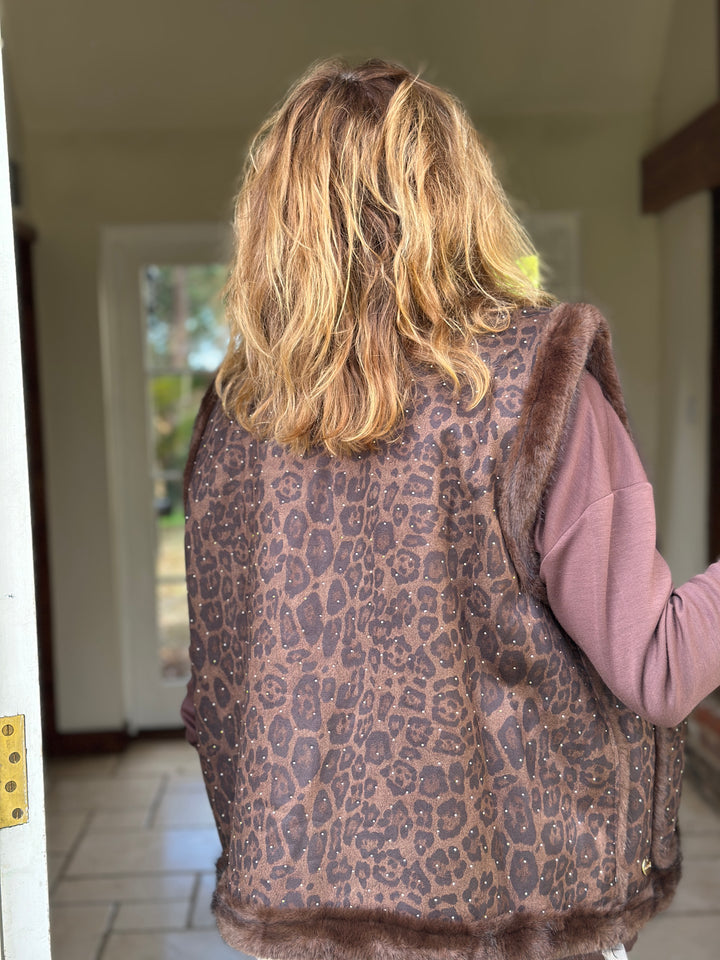Embellished Leopard Print Faux Fur Gilet - Malissa J | Brown