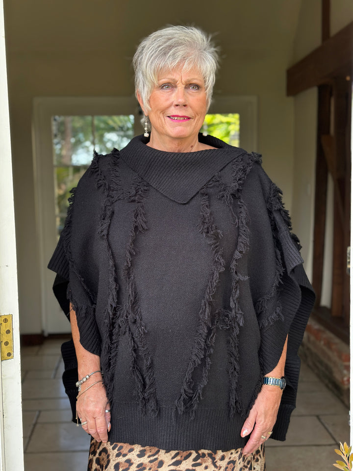 Fringe Trim Poncho - Malissa J | Black