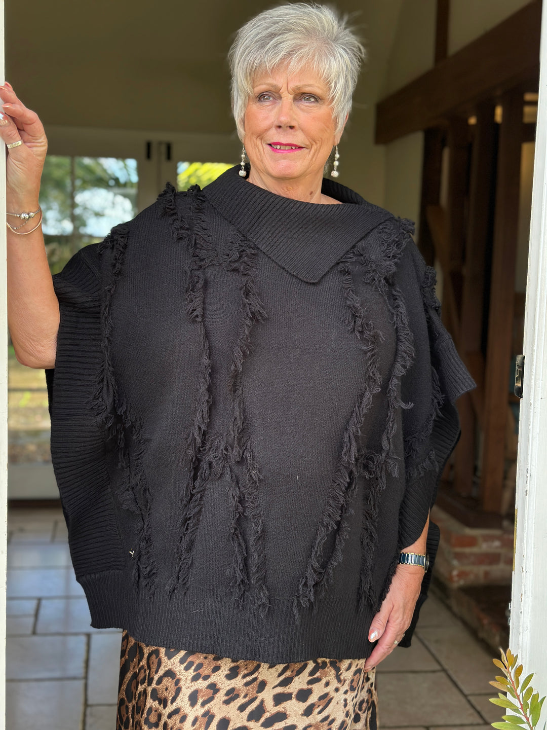 Fringe Trim Poncho - Malissa J | Black