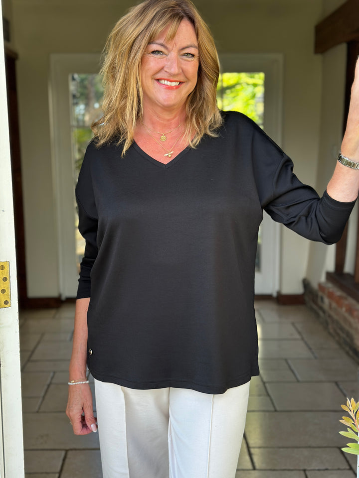 Relaxed V-Neck Long Sleeve Top - Malissa J | Black