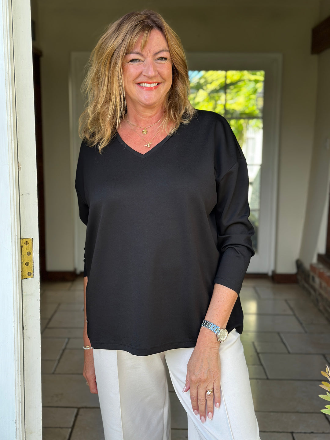 Relaxed V-Neck Long Sleeve Top - Malissa J | Black