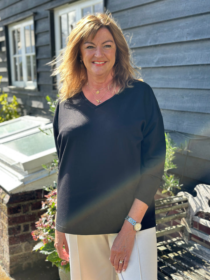 Relaxed V-Neck Long Sleeve Top - Malissa J | Black