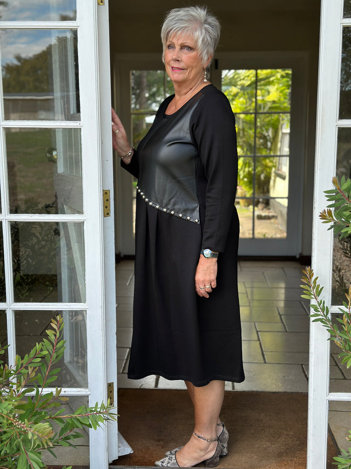 Studded Faux Leather Panel Dress - Malissa J | Black