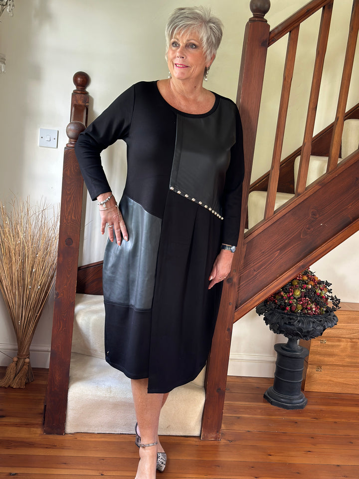 Studded Faux Leather Panel Dress - Malissa J | Black