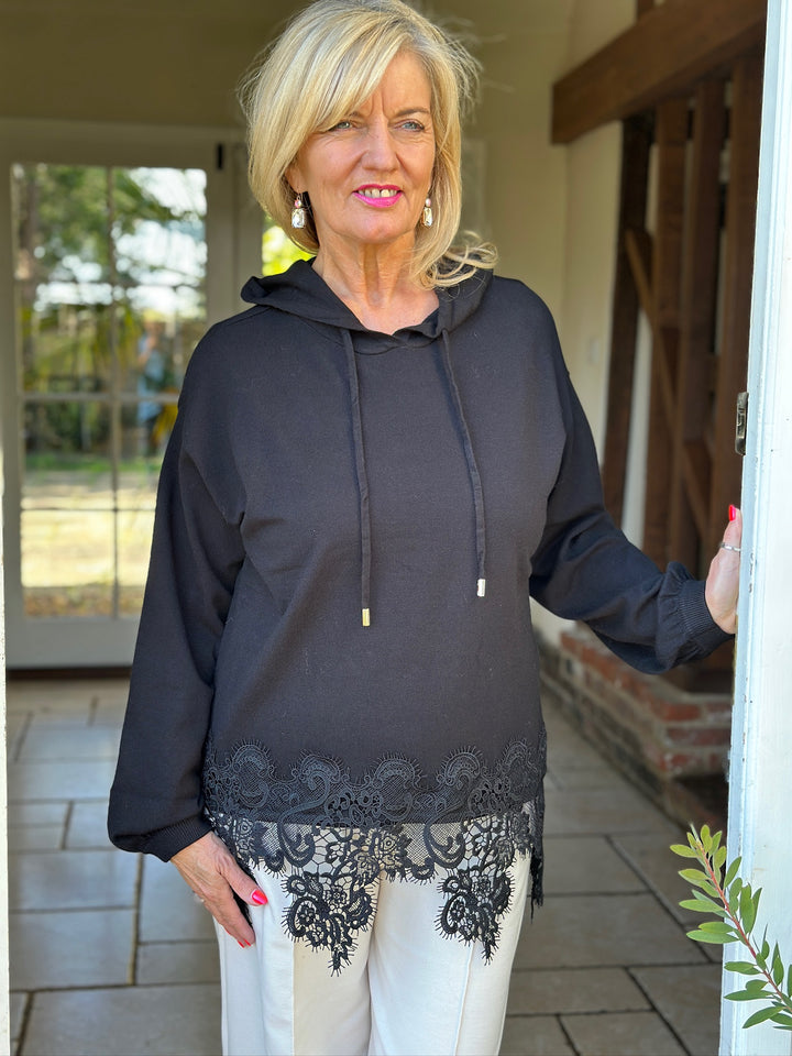 Lace Hem Detail Hoodie - Malissa J | Black