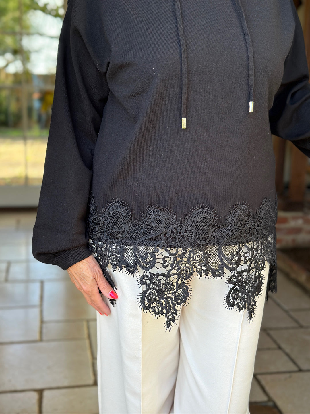Lace Hem Detail Hoodie - Malissa J | Black