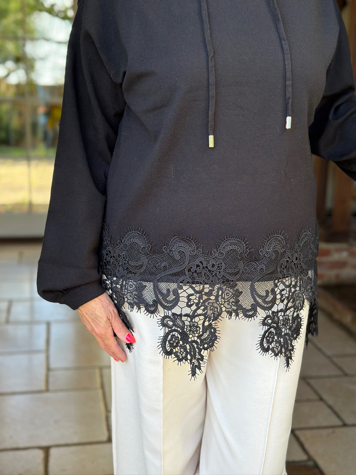 Lace Hem Detail Hoodie - Malissa J | Black