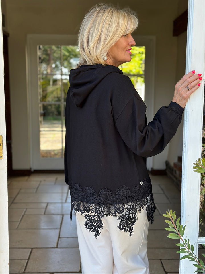 Lace Hem Detail Hoodie - Malissa J | Black