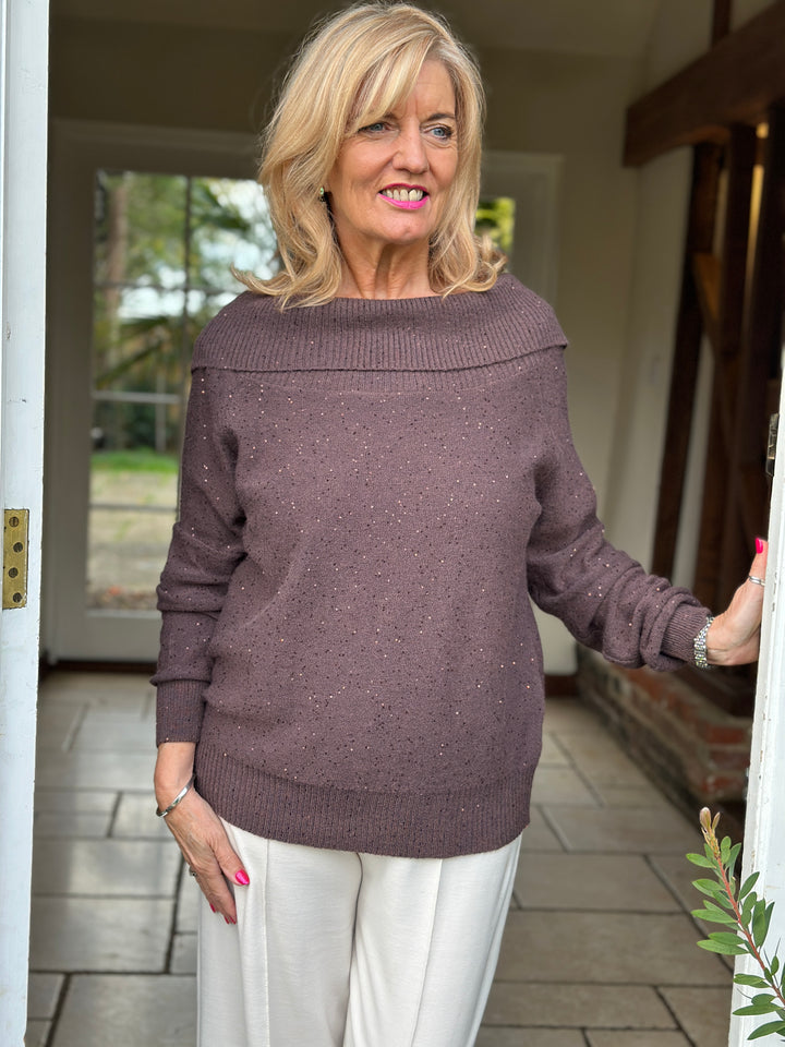 Sparkle Bardot Jumper - Malissa J | Chocolate