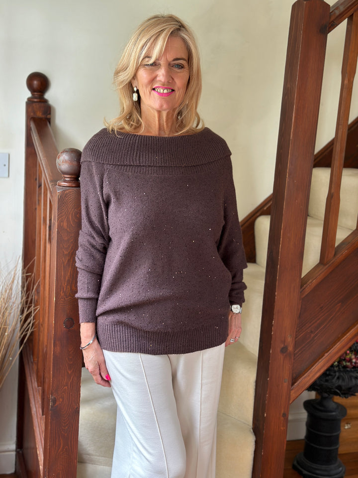 Sparkle Bardot Jumper - Malissa J | Chocolate