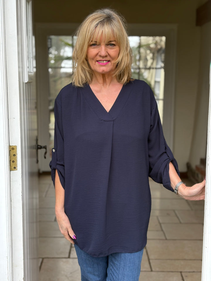 V-Neck Rolled Tab Sleeve Blouse | Navy