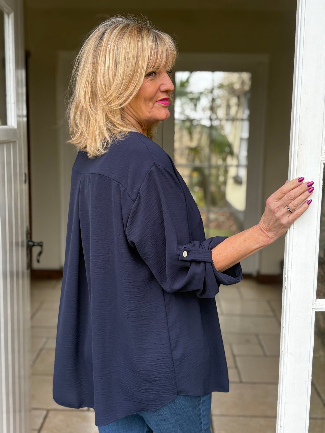 V-Neck Rolled Tab Sleeve Blouse | Navy
